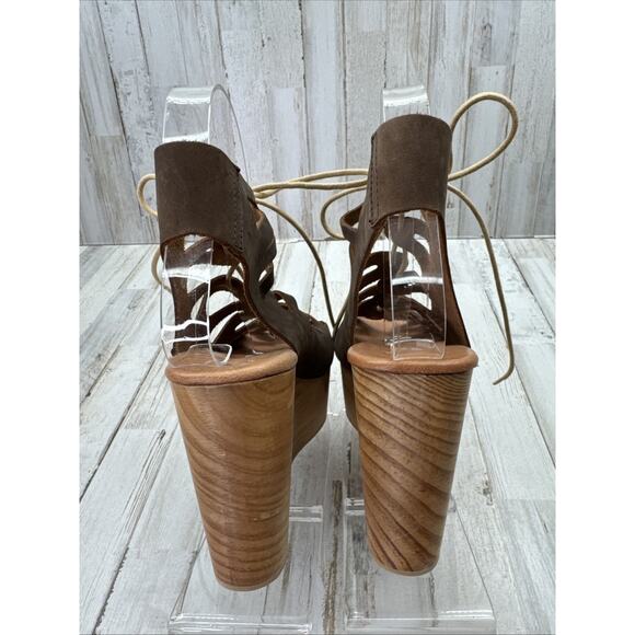 MUSSE & CLOUD Boho Nubuck Leather Lace Up Wooden Platform Wedge Sandals 39/8 - Picture 4 of 12